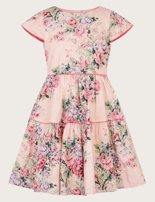 Monsoon Girls Pure Cotton Floral Tiered Party Dress (3-13 Yrs) - 12-13 - Light Pink, Light Pink