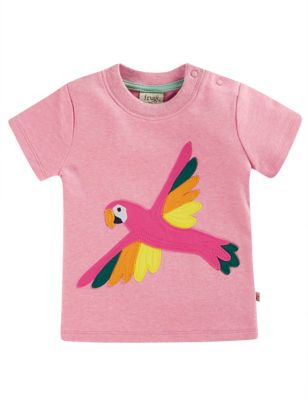 Frugi Girl's Pure Cotton Parrot T-Shirt (3 Mths-3 Yrs) - 3-6M - Pink, Pink