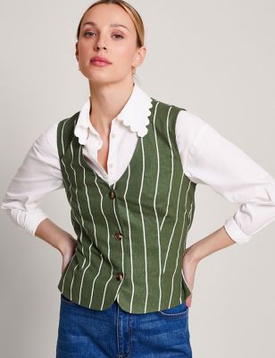 Monsoon Women's Linen Rich Striped Waistcoat - XL - Khaki Mix, Khaki Mix
