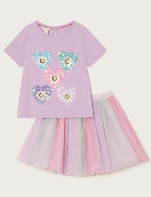 Monsoon Girls Sequin Heart Top & Skirt Outfit (3-13 Yrs) - 3-4 Y - Lilac, Lilac