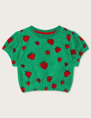 Monsoon Girl's Velour Strawberry Top (3-13 Yrs) - 3-4 Y - Green Mix, Green Mix