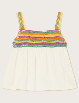 Monsoon Girls Pure Cotton Embroidered Detail Top (3-13 Yrs) - 9-10Y - Ivory, Ivory