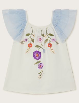 Monsoon Girl's Pure Cotton Flower Embroidered Top (3-13 Yrs) - 3-4 Y - Blue Mix, Blue Mix