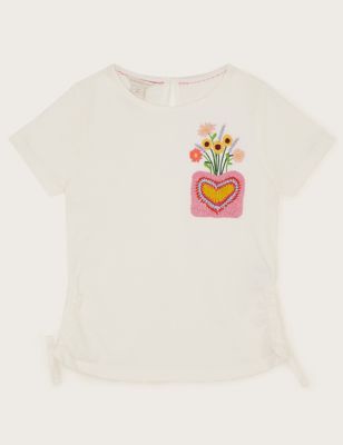 Monsoon Girls Pure Cotton Flower Embroidered T-Shirt (3-13 Yrs) - 3-4 Y - Ivory, Ivory