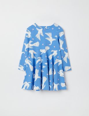 Polarn O. Pyret Girl's Cotton Rich Swan Print Dress (1-10 Yrs) - 7-8 Y - Blue Mix, Blue Mix
