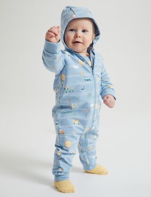 Polarn O. Pyret Boy's Cotton Rich Vehicle Print Hooded All in One (7lbs-12 Mths) - 6-9 M - Blue Mix,