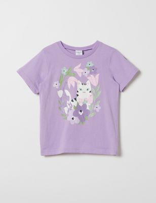 Polarn O. Pyret Girl's Pure Cotton Cat Print T-Shirt (1-10 Yrs) - 2-3 Y - Purple Mix, Purple Mix