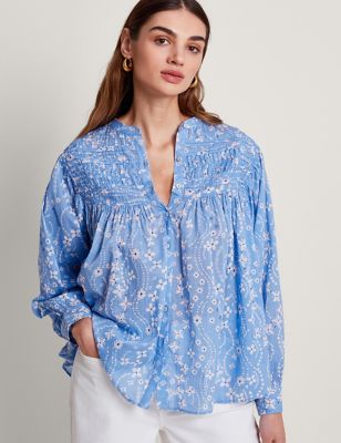 Monsoon Women's Pure Cotton Floral Pleat Detail Shirt - Blue Mix, Blue Mix