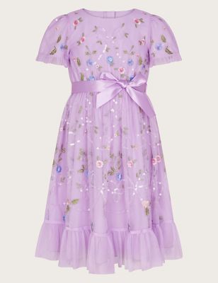 Monsoon Girls Tulle Floral Embroidered Dress (3-15 Yrs) - 3y - Lilac, Lilac