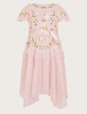 Monsoon Girl's Tulle Embroidered Ruffle Dress (3-15 Yrs) - 4y - Pink, Pink