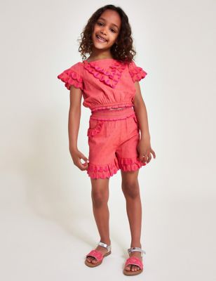 Monsoon Girl's Pure Cotton Embroidered Shorts (3-13 Yrs) - 3-4 Y - Orange Mix, Orange Mix