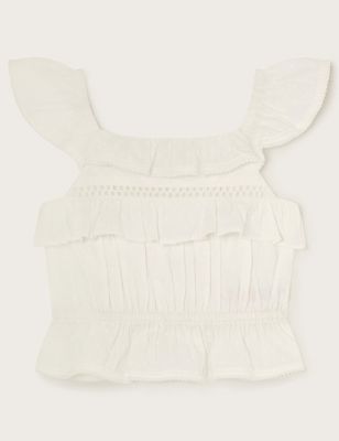 Monsoon Girls Pure Cotton Frill Top (3-13 Yrs) - 12-13 - Ivory, Ivory