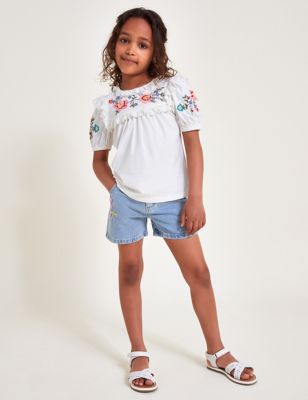 Monsoon Girl's Pure Cotton Flower Embroidered Top (3-12 Yrs) - 9-10Y - Ivory Mix, Ivory Mix