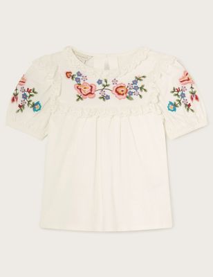 Monsoon Girls Pure Cotton Flower Embroidered Top (3-12 Yrs) - 9-10Y - Ivory Mix, Ivory Mix