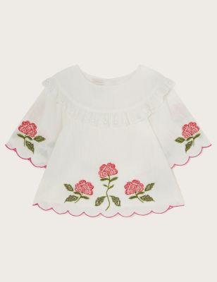 Monsoon Girl's Pure Cotton Flower Embroidered Top (3-13 Yrs) - 3-4 Y - Ivory Mix, Ivory Mix