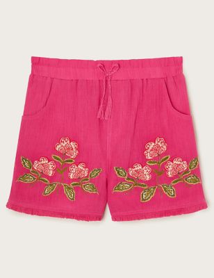 Monsoon Girls Pure Cotton Flower Embroidered Shorts (3-13 Yrs) - 3-4 Y - Pink Mix, Pink Mix