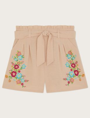 Monsoon Girl's Cotton Blend Floral Embroidered Shorts (2-15 Yrs) - 14-15 - Stone, Stone