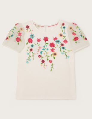 Monsoon Girls Cotton Rich Flower Embroidered Top (3-13 Yrs) - 3-4 Y - White, White