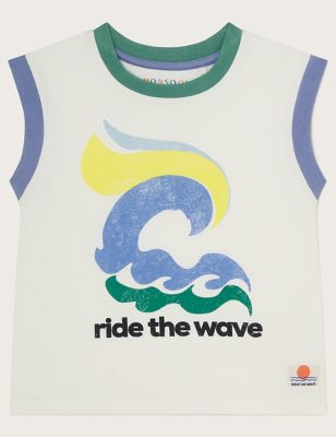 Monsoon Boy's Pure Cotton Surf Graphic Vest (3-13 Yrs) - 3-4 Y - Ivory Mix, Ivory Mix