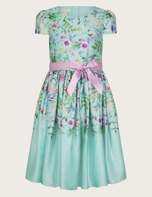Monsoon Girl's Satin Floral Occasion Dress (3-15 Yrs) - 9y - Green, Green