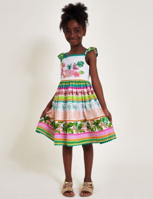Monsoon Girl's Pure Cotton Pineapple Dress (5-15 Yrs) - 8y - White Mix, White Mix
