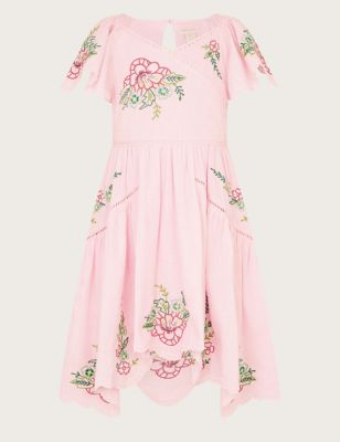 Monsoon Girl's Pure Cotton Floral Embroidered Dress (3-13 Yrs) - 4y - Pink, Pink
