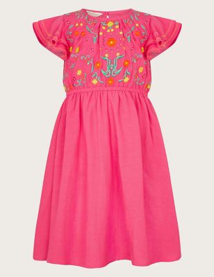 Monsoon Girl's Cotton Blend Floral Embroidered Dress (3-13 Yrs) - 10y - Pink Mix, Pink Mix