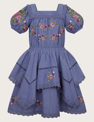 Monsoon Girl's Pure Cotton Flower Embroidered Dress (3-13 Yrs) - 10y - Blue, Blue
