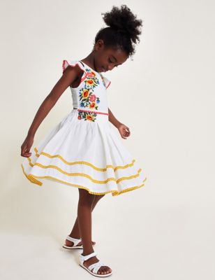 Monsoon Girl's Pure Cotton Floral Dress (3-13 Yrs) - 3y - Ivory, Ivory