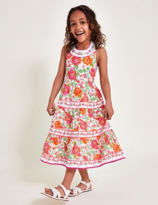 Monsoon Girl's Pure Cotton Floral Embellished Dress (3-15 Yrs) - 4y - Multi, Multi
