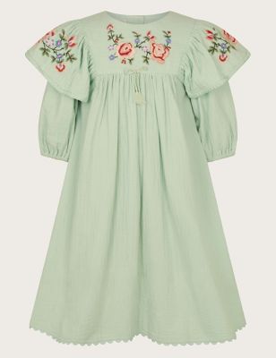 Monsoon Girl's Pure Cotton Floral Embroidered Dress (3-13 Yrs) - 12-13 - Green Mix, Green Mix