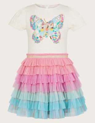 Monsoon Girls Cotton Rich Butterfly Tulle Dress (3-13 Yrs) - 7-8 Y - Multi, Multi