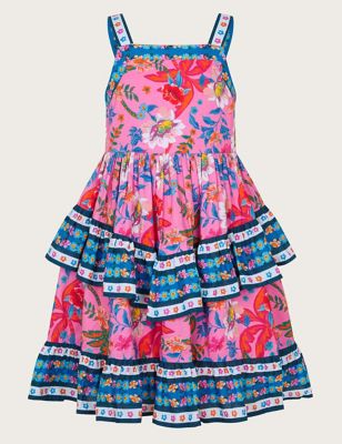 Monsoon Girls Pure Cotton Tropical Tiered Dress (3-15 Yrs) - 12-13 - Pink Mix, Pink Mix