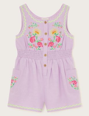 Monsoon Girls Cotton Blend Floral Embroidered Playsuit (2-13 Yrs) - 8y - Lilac, Lilac