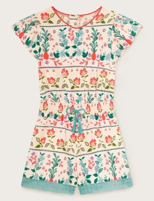 Monsoon Girls Cotton Blend Floral Playsuit (3-13 Yrs) - 11y - Ivory, Ivory