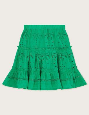 Monsoon Girls Pure Cotton Broderie Skirt (3-13 Yrs) - 7-8 Y - Green, Green