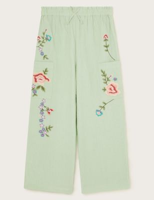 Monsoon Girl's Pure Cotton Embroidered Wide Leg Trousers - 11y - Green, Green