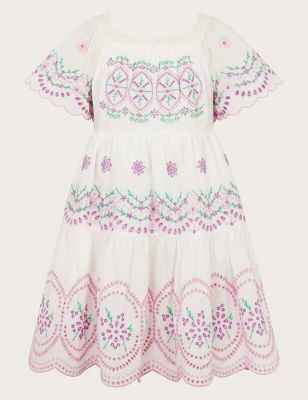 Monsoon Girl's Pure Cotton Embroidered Tiered Dress (2-15 Yrs) - 2y - Lilac, Lilac