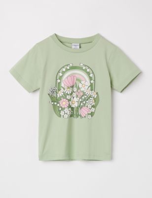 Polarn O. Pyret Pure Cotton Floral T-Shirt (1-10 Yrs) - 7-8 Y - Green Mix, Green Mix,Orange Mix