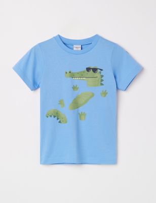 Polarn O. Pyret Pure Cotton Crocodile T-Shirt (1-10 Yrs) - 6-7 Y - Medium Blue Mix, Medium Blue Mix