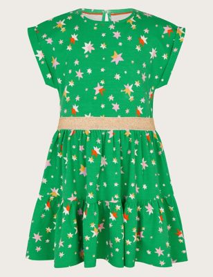 Monsoon Girl's Cotton Rich Star Tiered Dress (3-13 Yrs) - 3-4 Y - Green Mix, Green Mix