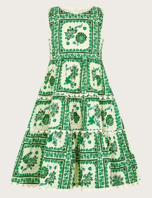 Monsoon Girls Pure Cotton Tile Print Dress (3-13 Yrs) - 3y - Green Mix, Green Mix