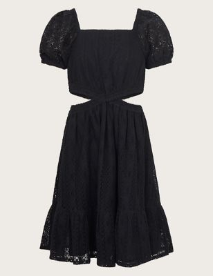 Monsoon Girl's Cotton Rich Lace Tiered Dress (7-15 Yrs) - 7-8 Y - Black, Black