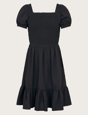 Monsoon Girl's Shirred Tiered Dress (7-15 Yrs) - 7-8 Y - Black, Black