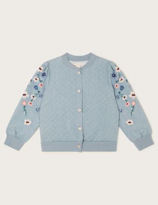 Monsoon Girl's Pure Cotton Floral Embroidered Bomber (3-15 Yrs) - 7-8 Y - Blue Mix, Blue Mix