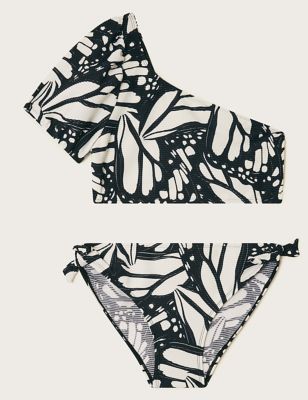 Monsoon Girl's 2pc Butterfly Print One Shoulder Bikini (7-15 Yrs) - 9-10Y - Black Mix, Black Mix