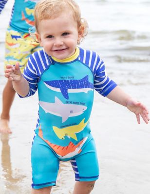 Frugi Boy's Shark Graphic All In One Swimsuit (0-4 Yrs) - 2-3 Y - Blue Mix, Blue Mix