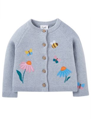 Frugi Girl's Pure Cotton Embroidered Cardigan (0-4 Yrs) - 9-12M - Grey Marl, Grey Marl,Pink