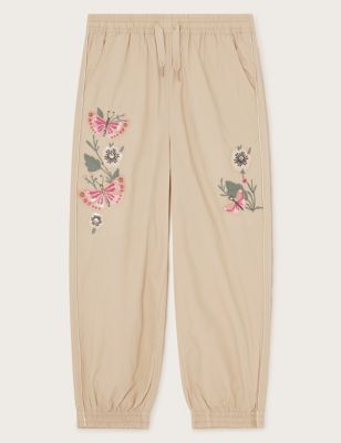 Monsoon Girl's Pure Cotton Embroidered Cargo Trousers (3-13 Yrs) - 4y - Stone, Stone,Light Pink