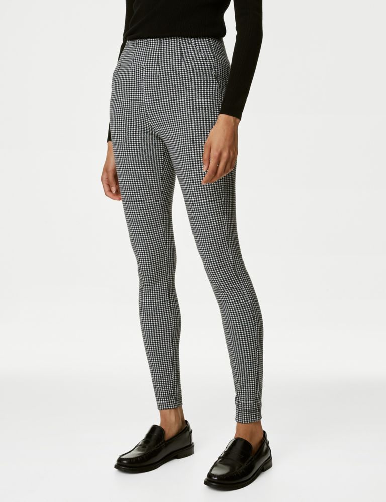 Black & White Dogtooth Print Leggings With Zip Detail Pockets